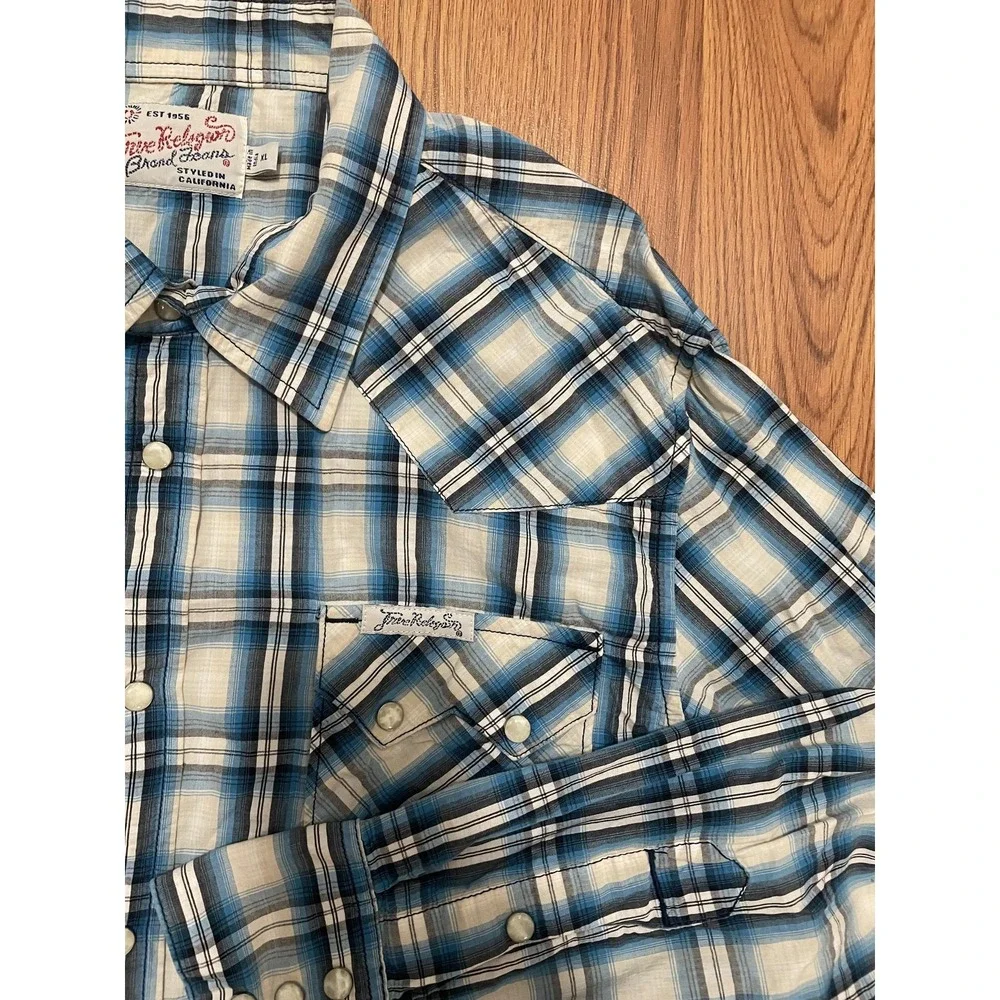 True Religion Ricky Western Shirt Mens XL Pearl Snap Plaid
